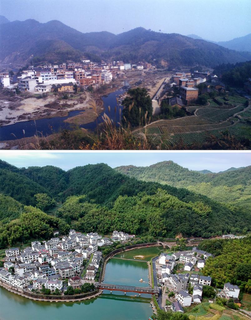 圖為浙江省杭州市淳安縣楓樹嶺鎮(zhèn)下姜村拼版圖，其中上圖為資料照片、下圖由新華社記者張鋮攝。